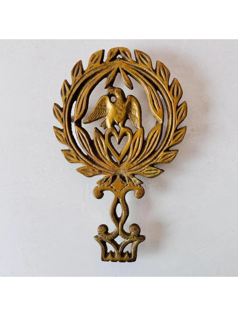 Vintage Americana Cast Brass Eagle Heart Trivet, Pennsylvania Dutch Folk Art